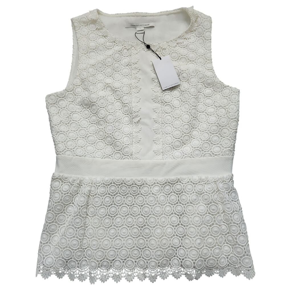 NWT Diane Von Furstenberg Tavita White Crochet Applique Blouse Size 14